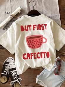 Camiseta de algodón de 180g para mujer, camiseta casual con estampado vintage de taza de café y corazón, cuello redondo, mangas cortas, estampado divertido Drink Coffee First, adecuada para el uso diario, salidas informales, versátil para uso en casa y paseos al aire libre. Sencilla y versátil, estilo de nicho a, la primera opción para parejas. - Negro - Ver 10