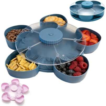 Divided Spin & Snack Serving Tray, Upgrade 5-Compartment Rotating Party Platter, Rotating Snack Box Container With Lid For Snacks, Dips & Party Appetizers, For Picnic,Travel And Kitchen (Blue)