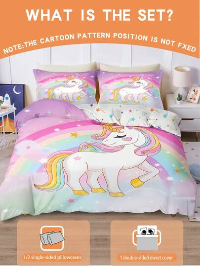 2/3PCS Cute Cartoon Unicorn Duvet Cover Set(Four Season Collection) Double-Faced Duvet Cover Set For Children'S Machine Washable Bedroom Boys Girls Dorm Children's Gift During Holidays 100% Polyester Size: 90x200 135x200 140x210. Comes With A Pillowcase (No Filling Material).