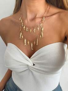 3pcs Bohemian Style Metal Ocean Animal Pendant Multilayer Necklace, Creative Fashion Metal Fish Tassel Necklace, Suitable For Women's Daily Wear, Summer Beach Holiday Jewelry Set - Yellow Gold - View 3