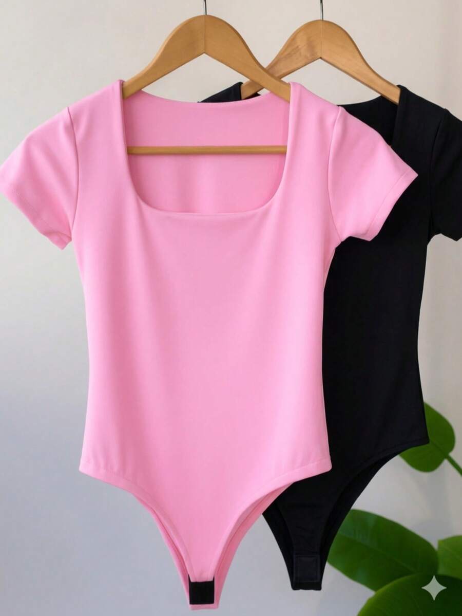 Set Of 2 Women's Bodysuits With Square Neckline And Short Sleeves, Spandex Fabric - Hitam/merah muda bayi - View 1