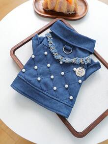 PETCIRCLE 1pc Pet Clothes, Dog Clothes For Small Dogs, Two-Leg Embroidered Dog Jacket, Dirt-Resistant Durable Dog Apparel - Pearl Chain Coat - Blue - View 5