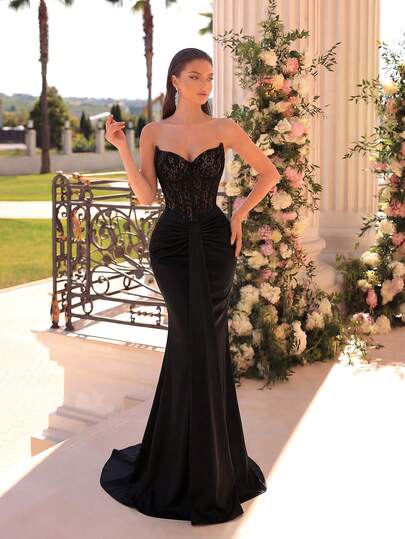 ADYCE Elegant Black Lace Patchwork Pleated Long Mermaid Hem Tie-Up Party Maxi Dress, Suitable For Ball, Birthday Party, Formal Dinner, Homecoming, Wedding Guest, Gala Dinner, Family Holiday And Other Occasions