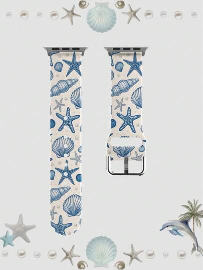 Pulseira de relógio de substituição macia, elástica e respirável com estampa de estrela-do-mar e concha, compatível com Samsung, Honor e outros smartwatches nos tamanhos 38mm, 40mm, 41mm, 42mm, 46mm, 45mm, 44mm e 49mm. Ideal para presentear em férias na praia. Pulseira de silicone casual para uso diário com estampa de concha, compatível com Apple Watch Ultra SE/11/10/9/8/7/6/5/4/3/2/1.