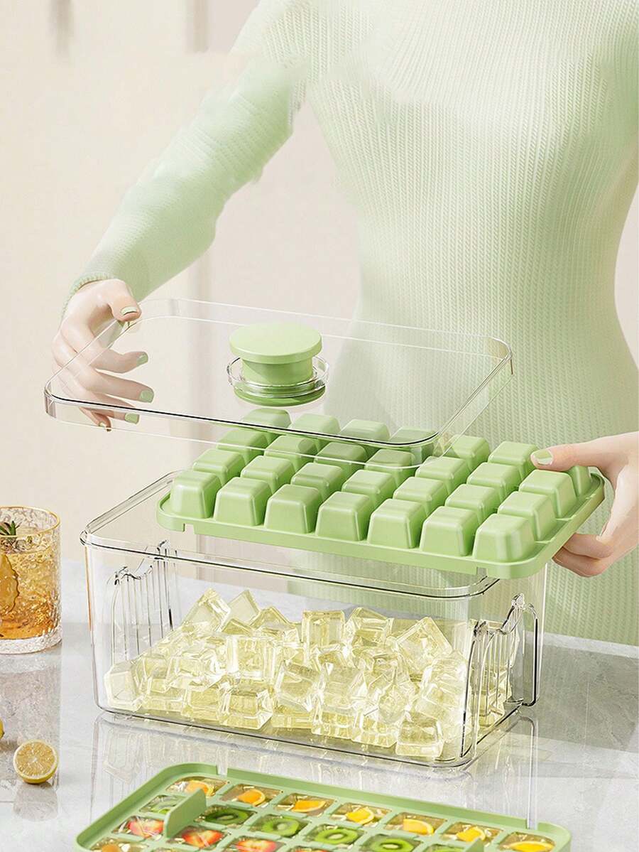 One-Click Ice Cube Tray (With Ice Scoop), Press-Type Ice Cube Maker With Lid Homemade Ice Cube Box For Home Use, Refrigerator Storage Tray--Fruit Ice Cubes, Basic Kitchen Accessory, Christmas, Thanksgiving Gift, Manual DIY Ice Cube Freedom - View 1
