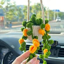 Cute Potted Plant Crochet Hanging Basket, Car Decoration Hanging Basket, Car Accessories, Handmade Woven Car Decoration, Rearview Mirror Accessories - 黃色花朵 - 查看 17
