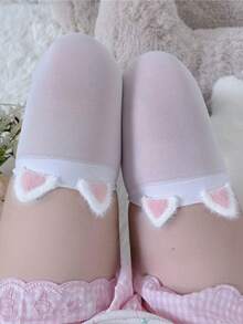 1 Pair White Thigh High Socks With Cute Rabbit Ears, Sweet Lolita JK Style Long Stockings For Women - White - View 6