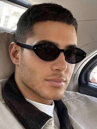 1副男士黑色椭圆形PC镜框极简纯色朋克铆钉复古时尚眼镜