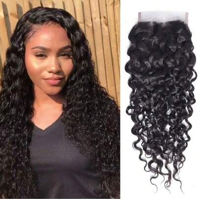 funky girl Water Wave Human Hair 4x4 Lace Closure 4x4 Free Part Closure Brazilian 100% Human Hair Closure Curly Wave Swiss Lace Closure 150% Density Natural Color (20.32-60.96 Cm)
