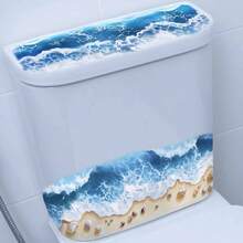 1 pieza Pegatina realista de ola de playa y concha para el inodoro, autoadhesiva impermeable con estilo oceánico para el baño, decoración tropical de verano extraíble para el tanque del inodoro - Unitalla - Ver 6