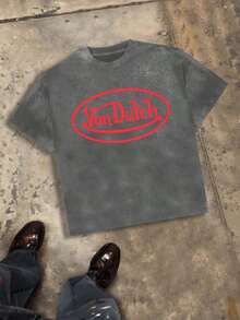 Biker T Shirts Men, Red Oval Logo And Snake And Floral Graphic, 230g Washed Cotton Crew Neck Short Sleeve T-Shirt, Retro Biker Culture, Streetwear, Big And Tall, Summer, Free Shipping - 灰色 - 查看 2