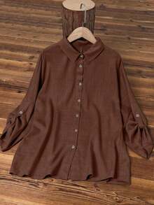Camisa de mujer casual de lino de unicolor con mangas enrollables y detalles de botones, de manga larga, para primavera - Marrón - Ver 8