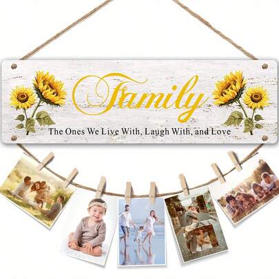 Wooden Photo Frame Wall Decor - Sunflower Pattern With "Let's Live And Smile Together" Text, Rustic Style Christmas Home Decor Hanging Ornament, No Electricity Needed, Front Door Hanging Decoration, Durable Rope Hanger, Natural Wood Grain, Heartwarming Gift