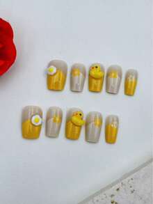 10片手工美甲贴纸套装，芥末黄短梯形，香氛法式美甲贴纸，美甲贴纸，新年美甲，情人节美甲，UV凝胶美甲，夏季美甲，日常美甲，优雅设计，高端法式风格，凝胶指甲油，闪粉，猫眼效果，金属光泽按压式美甲贴片 - 芥末黃 - 查看 4