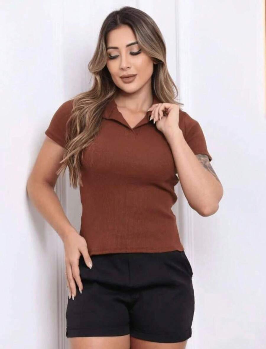 Women's Polo Shirt, Basic, Casual, Social, Work, Ribbed Cotton, Short Sleeves, Summer, Everyday, Elegant - 鏽棕色 - 查看 1