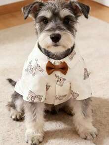 1pc Pet Dog Clothes With Cute Bear Print Pattern, Stylish Bow Tie Shirt, Suitable For Small Dogs, Wearable All Seasons - Beige - View 1