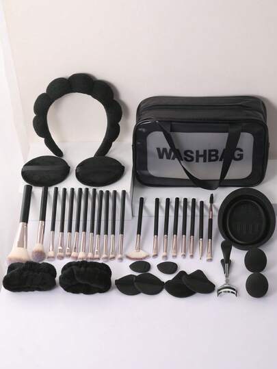 36PCS Makeup Tools Set Including:20PCS Makeup Brush Set+1pc Hairband+2PCS Circular Powder Puffs+1pc Multi-Functional Zipper Toiletry And Cosmetic Bag Waterproof+1pc Makeup Brush Cleaning Tools+2PCS Makeup Sponges+1pc Eyelash Curler+2PCS Triangle Powder Puffs+2PCS Air Cushion Powder Puff+2PCS Mini Air Cushion Powder Puffs+2PCS Hand Bowl Strap,All-In-One & Beginner-Friendly | Travel-Ready & Gift-Ready | Perfect For Newbies/Her