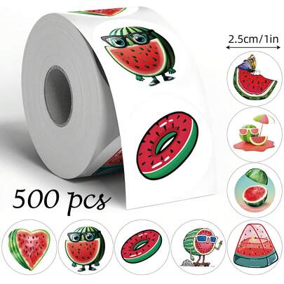500张卡通西瓜涂鸦贴纸，1英寸圆形，8种图案，创意剪贴簿日记装饰封条贴纸，奖励鼓励贴纸，PVC防水贴纸