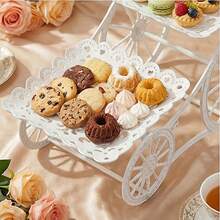 1pc White Lace 2-Tier Dessert Stand With Wheels, Indoor Afternoon Tea Cake Display Tray, Wedding Service Cart With Wheels, Party Decor And Utensil Rack - White - View 5
