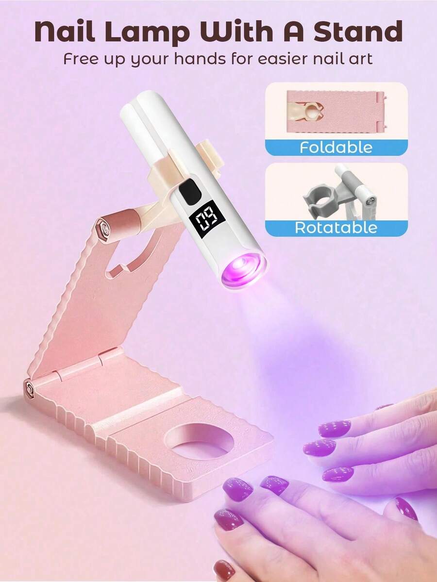手持式美甲烘燈,UV/LED凝膠固化燈,適用於所有凝膠指甲油,可充電快速乾燥美甲燈,3合1套組(含支架、美甲燈與線材),小巧時尚,絕佳禮物,超值選擇 - 附支架 - 查看 1