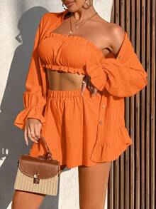 AIJ Conjunto de 3 piezas de mujer para verano de Amarilo: blusa de tela texturizada con volantes de unicolor + camiseta interior + shorts, conjunto elegante minimalista para uso diario en primavera - Naranja - Ver 6