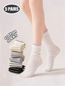 5 đôi tất ống bằng cotton dành cho nữ, độ co giãn cao, thoải mái, màu trơn, phù hợp cho cả mặc hàng ngày và công sở, mùa xuân/hè. - Nhiều màu - Xem 1