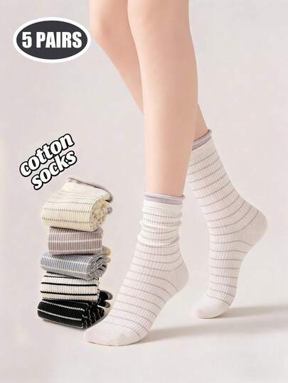 5 đôi tất ống bằng cotton dành cho nữ, độ co giãn cao, thoải mái, màu trơn, phù hợp cho cả mặc hàng ngày và công sở, mùa xuân/hè.