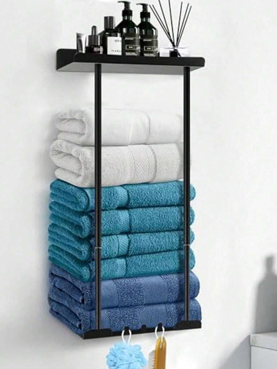 1pc No Drill Towel Rack - Self-Adhesive Towel Rack With Shelf, Bathroom Towel Rack, Can Be Stuck On Bathroom Wall