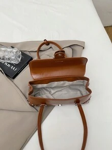 Vintage Style Buckle Rivet Paris Handbag - Glossy Faux Leather Tote - Brown - View 6