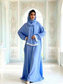 Middle Eastern Ramadan New Lace Trim Loose Elegant Long Dress (Including Headscarf) - Blue - View 5