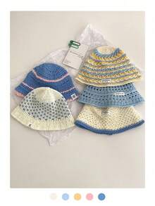 Sombrero de cubo calado y colorido, adecuado para primavera/verano, playa, vacaciones, protección solar, versátil, sombrero de paja a rayas para mujer, casual al aire libre, visualmente estilizador - Multicolor - Ver 1