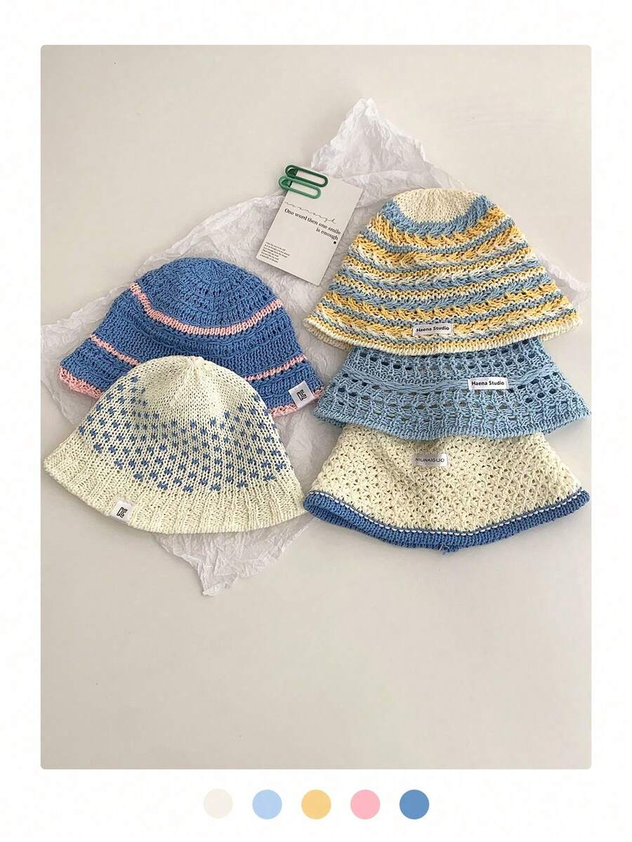 Sombrero de cubo calado y colorido, adecuado para primavera/verano, playa, vacaciones, protección solar, versátil, sombrero de paja a rayas para mujer, casual al aire libre, visualmente estilizador - Multicolor - Ver 1