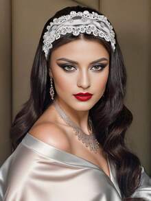 1件闪亮银色水钻宽发箍，优雅蕾丝边简约头饰，适合新娘、婚礼、庆典、派对、送礼、休闲佩戴 - 白色 - 查看 5