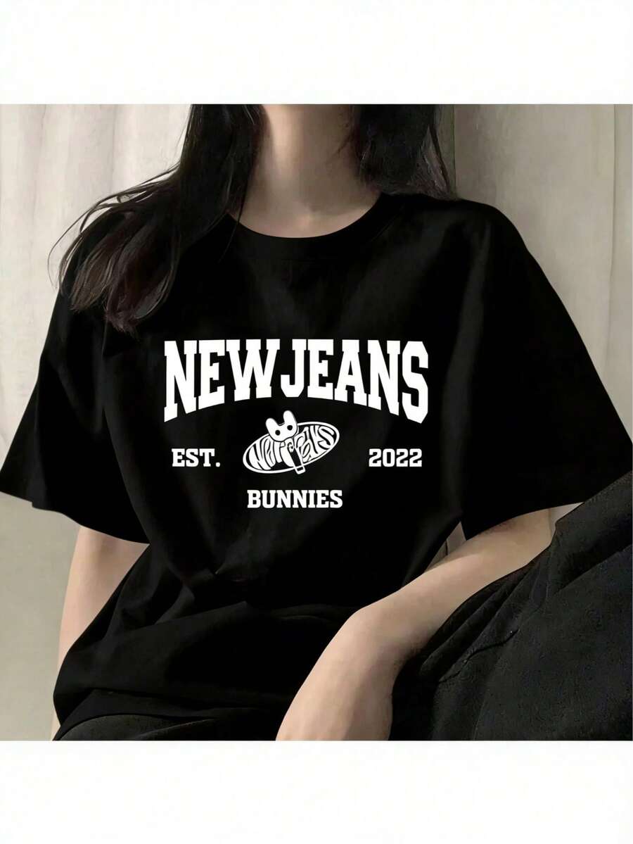 Kpop Band T-Shirts EST 2024 Tee-Shirt Graphic Tees Short Sleeve Women Tshirts Streetwear -Versatile Basic T-Shirts Nye Party Outfit For Women Birthday Outfits For Women - 黑色 - 查看 1