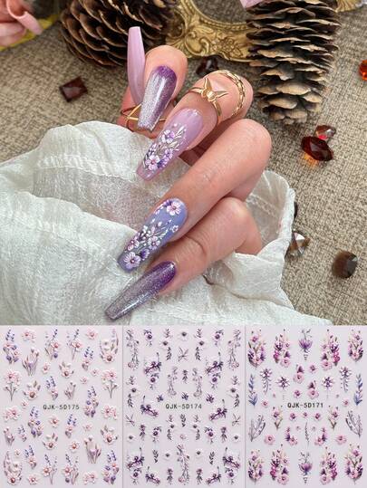 3pcs Vintage Light Purple Lavender & Romantic Floral 5D Embossed Nail Art Stickers - Golden Art Floral Cluster Nail Decals - Suitable For Daily, Wedding Season, Date, Spring/Summer, Music Festival Elegant Manicure DIY Decoration