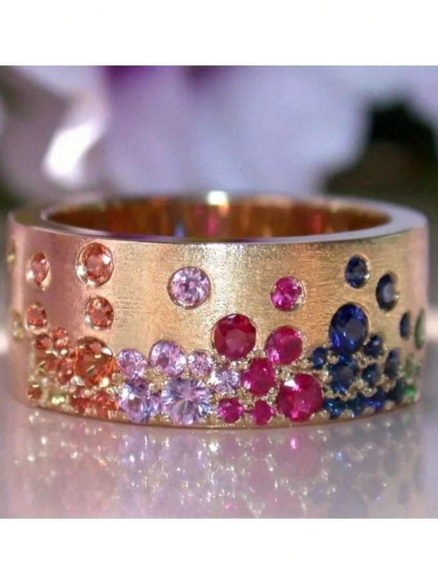 Luxury Wide Band Copper Alloy Multi-Color Synthetic Cubic Zirconia Ring, Women's Engagement Wedding Band, Everyday Matching Ring - Multicolor - View 1