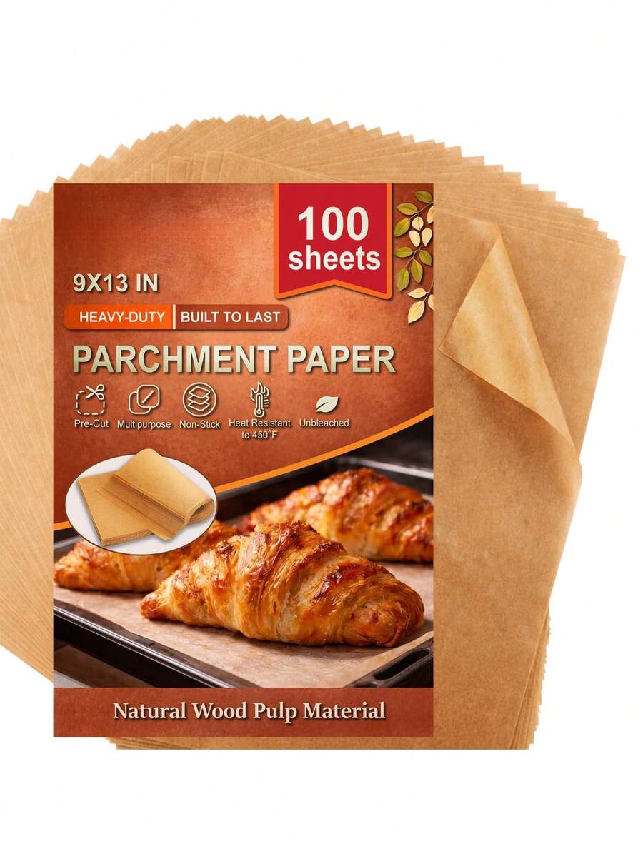 100 piezas de papel de hornear antiadherente - 9x13 pulgadas, papel de hornear sin blanquear, apto para hornear, asar, freidora de aire y cocción al vapor, excelente para galletas, pan, pasteles y talla grande - Ver 1