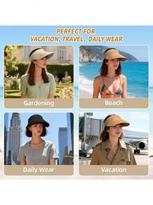 1pc Women's Foldable Sun Hat, Ponytail Hole Beach Hat, Straw Brim Outdoor Sun Protection Hat, Spring/Summer - Multicolor - View 9