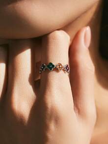 MODIAN 925 Sterling Silver Sweet Rainbow Color Zirconia Lucky Four Leaf Clover Fashion Finger Rings For Women Fine Jewelry - Silver - View 2
