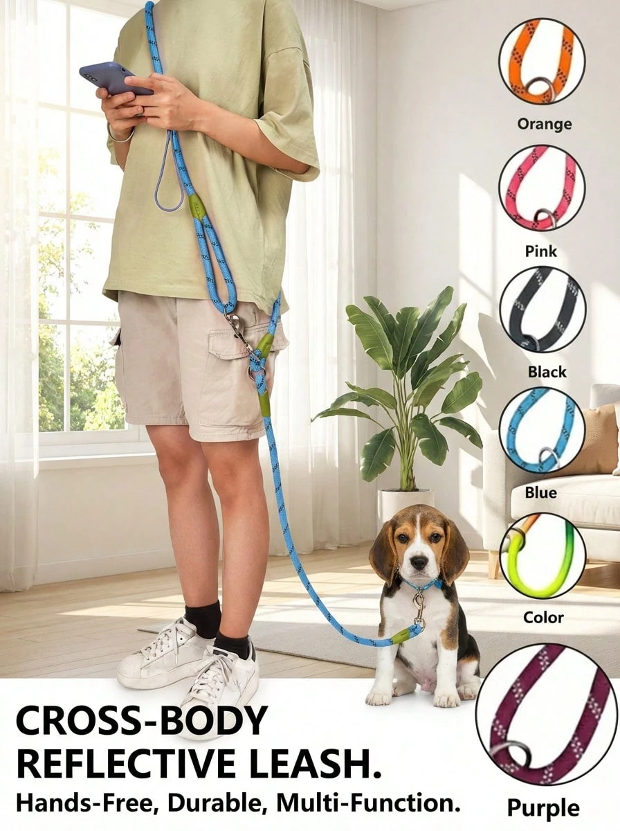 PETSIN 7.5ft Reflective Fashionable Geometric Pattern Hands-Free Dog Leash, Crossbody Style, Suitable For Walking And Jogging