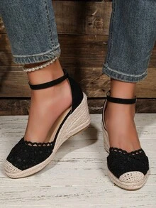 女士闭趾搭扣网眼天鹅绒面料亚麻绳时尚轻便坡跟鞋 - 黑色 - 查看 4