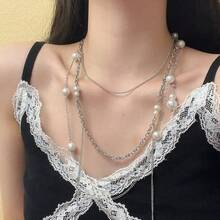 1pc White Multi-Layer Pearl Cross Tassel Necklace, Quality Zinc Alloy Suitable For Women's Daily Wear And Parties - Multicolor - View 4
