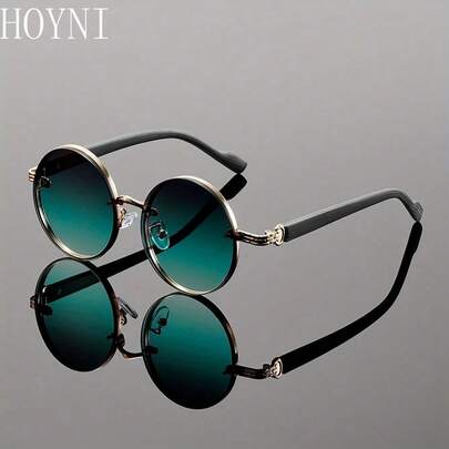 HOYNI 一副优雅男士圆形绿色时尚眼镜，圆形双铆钉精致修身眼镜，适合旅行、度假、日常佩戴、海滩和户外活动。夏季海滩度假和户外旅行必备。