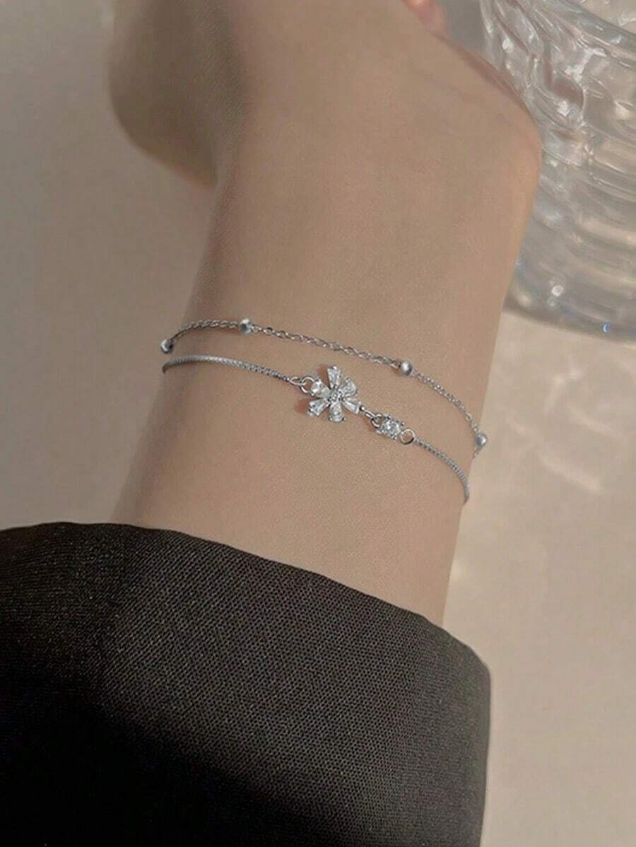 1pc Niche Design Minimalist Zirconia Flower Double-Layer Bracelet (Beads, Chain And Clasp Are Random) - 銀色 - 查看 1