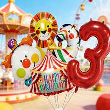 Bộ bóng bay trang trí sinh nhật chủ đề rạp xiếc gồm: bóng bay số màu đỏ 32 inch, bóng bay hình sư tử, chú hề, ngựa vằn hoạt hình 28 inch, bóng bay hình lều, và nhiều loại bóng bay khác. Thích hợp cho tiệc sinh nhật trẻ em, tiệc công viên giải trí, trang trí lễ kỷ niệm sinh nhật, quà tặng ngày thiếu nhi. - Xem 6