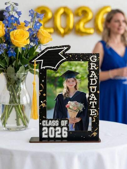 1pc Wooden Graduation Cap Photo Frame With Inspirational Quote – A Modern Vertical Desktop Display Stand Featuring A Black Wooden Frame With A Graduation Cap And Tassel Ornament; Ideal For Graduation Photos, The Perfect Decoration For Graduation Parties And A Commemorative Gift, Graduation Party Decorations, And DIY Craft Displays