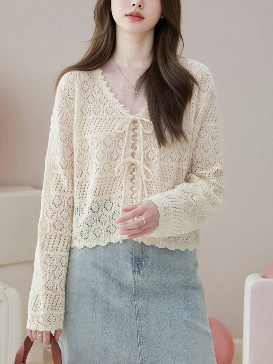 Women's Casual Elegant Solid Color Twist Hollow Ribbed Knit Cardigan Sweater, Spring/Summer - Beige - View 1