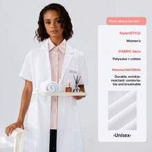 Unisex Short Sleeve & Thigh Length Lab Coat, Durable Wrinkle-Resistant Woven Fabric - White - View 1