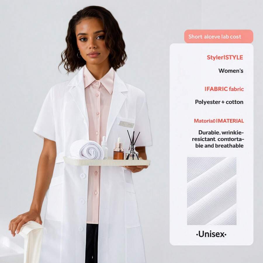 Unisex Short Sleeve & Thigh Length Lab Coat, Durable Wrinkle-Resistant Woven Fabric - White - View 1