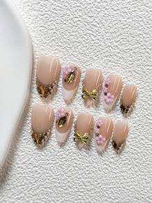 10pcs Luxury Manicure Set, Including Gel Nail Polish, Floral Decor, Golden Bow, Arrow & Teardrop Rhinestones, White Nail Polish, Embossed Champagne Gold Style, With Nail Tools (1 Jelly Sticker + 1 Nail File). Available In 3 Sizes Suitable For Almond, Duck Mouth, Coffin Nails. Suitable For Parties, Daily Wear, Photoshoot, Commute In Spring & Summer - Multicolor - View 17